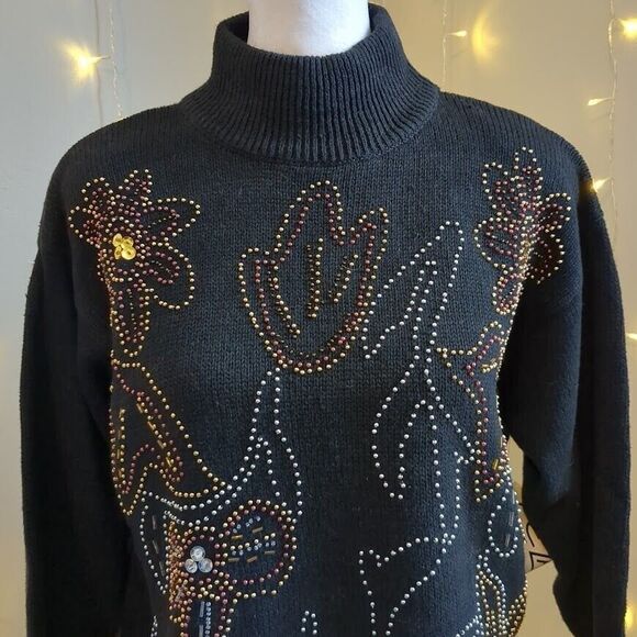 NWT Vintage 90s Cezanne Sweater Mock Neck Beaded Floral Black Size Small - Picture 3 of 9